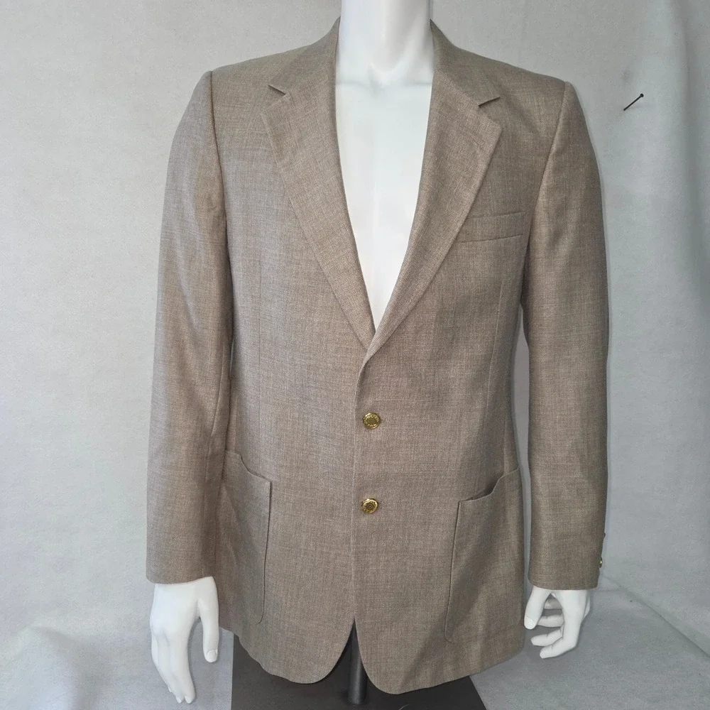 Halston‎ Blazer Men Size 40L Tan Vintage Gold Button Patch Pocket Sport Coat